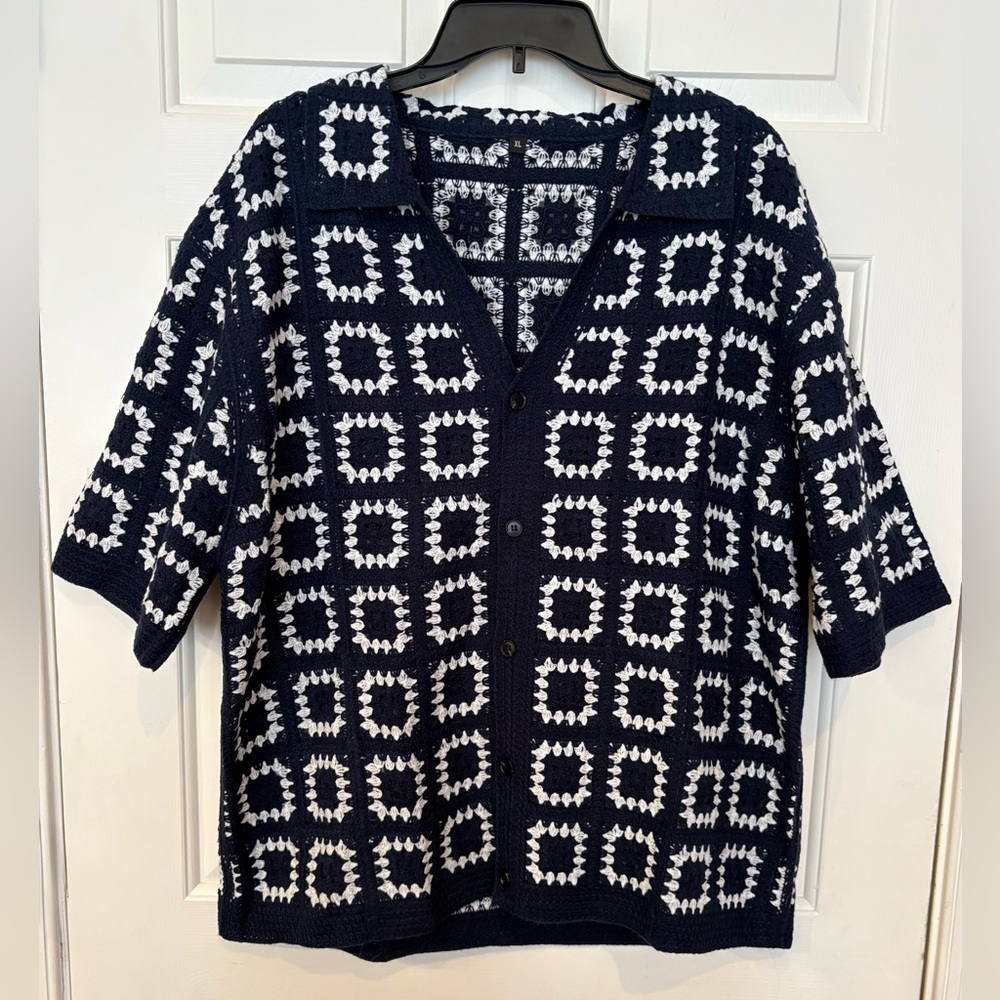 Sumwon Men's Boxy Fit Button Through Crochet Knit Shirt Granny Squares Black L* - Picture 2 of 3